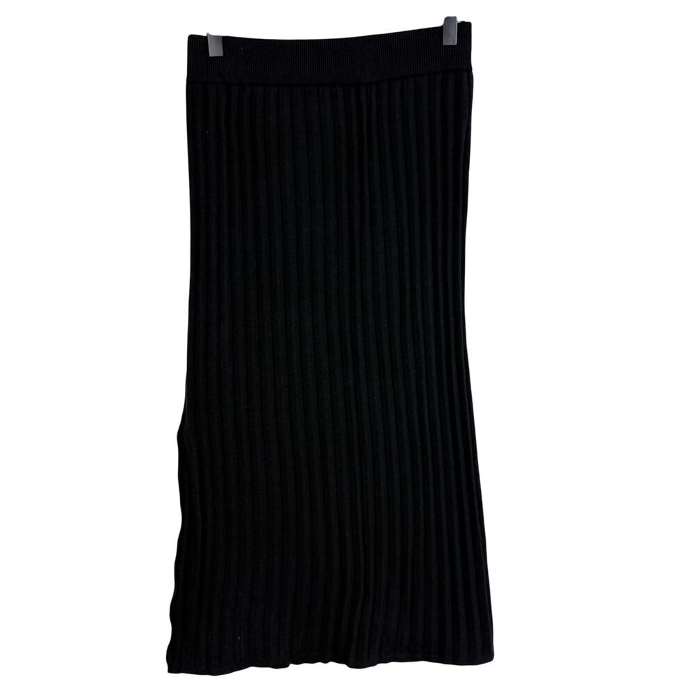 Commense Ribbed Side Slit Midi Pencil Skirt Black Acrylic - Size M - Picture 1 of 9